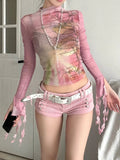 Bonnyshow Japanese Y2k Mesh Tops 2000s Aesthetics Pink T-shirt Korean Fairycore Women Sexy Crop Long Sleeve Sheer Tops Harajuku Lolita 00s
