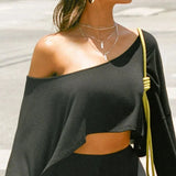 Bonnyshow  Casual Off Shoulder Skew Collar Women's Top Solid Basic 90s Y2k Chic Knitted Crop Shirt Fashion Streetwear Tees
