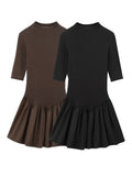Bonnyshow  Vintage Solid Mini Dress for Women Chic Short Sleeve O Neck Office Lady Pleated Dresses Fashion New A Line Female Vestidos