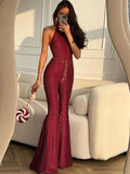 Bonnyshow  Elegant Halter Neck Backless Party Jumpsuits for Women 2025 Summer Off Shoulder Sleeveless High Waist Flare Pants Red Overalls