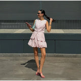 Bonnyshow  Two Pieces Set Women's Vest Skort Suits Sleeveless Button-front Top Ruffled Loose Shorts Summer Office Casual Daily Outfit
