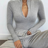 Bonnyshow Solid Zipper Bodycon Bodysuits Women Sexy Mock Neck Autumn Long Sleeve Fashion Slim Basic Body Winter Gray Outfits Lady