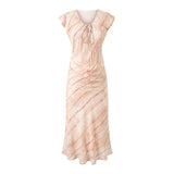 Bonnyshow  2025 Short Sleeve V Neck Summer Elegant Dress Women Striped Pink A-line Midi Dresses Holiday Vestidos