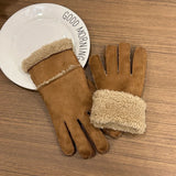 Bonnyshow Korea Suede Lamb Wool Split Finger Gloves Wool Winter Padded Thickened Warm Mittens Couple Riding Gloves Men Women Accessories