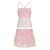 Bonnyshow  Lace Sheer A-Line Ruffle Mini Skirt Set For Women Halter Tie Backless Tank Top Short Skirt Sexy Vacation Two-Piece Outfit