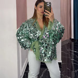 Bonnyshow  Retro Large Sequins Lace Up Shirt Women Fashion Glitter Loose Solid V-neck Open Shirts Coat Female 2025 Chic Street Outwear