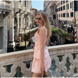 Bonnyshow  Two Pieces Set Women's Vest Skort Suits Sleeveless Button-front Top Ruffled Loose Shorts Summer Office Casual Daily Outfit