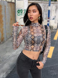 Bonnyshow Casual Green Snake Print T Shirt Women Mesh Top Long Sleeve Transparent Snakeskin Female T-shirt High Neck Crop Tops