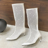 Bonnyshow  Autumn Street Style Design Breathable Mesh Women Knee-High Boots Pointed Toe Thin Low Heels Sandals Booties Ladies Shoes