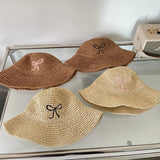 Bonnyshow Sunmmer Bow Kont Straw Hat Japanese Y2k Fashions UV Sunscreen Beach Hat Weave Bucket Hat Women's Sun Cap Beach Accessories