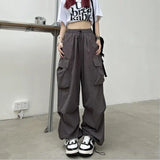 Bonnyshow Women Casual Tech Pants Drawstring Black Low Waist Wide Leg Trousers Oversized Sweatpant Baggy Joggers Y2k Streetwear Cargo Pant
