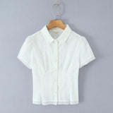Bonnyshow  Sweet Girl Plaid Shirt Blouse Short Sleeve Lapel Collar Slim Lady Summer Tops
