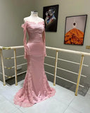 Bonnyshow Real Image Blush Pink Satin Mermaid Evening Dresses With Lace Decoration See Thru Lace Sleeves Modest Long Formal Dress