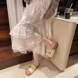 Bonnyshow  Belt Buckle Slippers Women's Fashion Round Head Open Toe Metal Buckle Soft Soled Non-slip Wear-resistant Flat Shoes