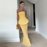 Bonnyshow  Yellow Fashion Tube Top Long Skirts Sets Women Sleeveless Backless Zipper Tops High Waist Pleated Skirt 2025 Spring Lady Outfits
