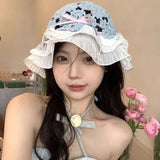 Bonnyshow Hollow Bow Knot Bucket Hat Korean Hole Lace Knit Spring and Summer Travel Beach Sun Protection Fisherman Hat Japanese Kawaii Cap