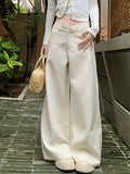 Bonnyshow  Women's Chic Lace Patchwork Waist Wide Leg Full Length Pants Lady Summer Autumn Streetwear Loose Straight Long Pants