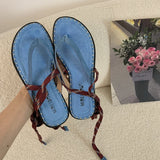 Bonnyshow  Summer Lace-Up Women Clip Toe Sandal Fashion Open Toe Narrow Band Footwear Ladies Gladiator Shoes Outdoo Flats Sandalias