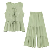 Bonnyshow  Women Elegant Solid Pants Sets O-Neck Bow Lace-up Tank Tops+ Loose Casual Wide Leg Pant Trousers Suit Summer 2 Pieces Set Outfit