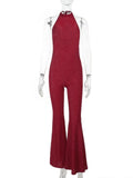 Bonnyshow  Elegant Halter Neck Backless Party Jumpsuits for Women 2025 Summer Off Shoulder Sleeveless High Waist Flare Pants Red Overalls