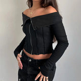 Bonnyshow Women Sexy T-shirt New Autumn Streetwear Fashion Zippers Long Sleeves Tees Elegant Lady Versatile Casual Slim T-shirt Clothing