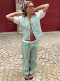 Bonnyshow  Striped Shorts Set Women Two Pieces Set Patchwork Lace Up Shirt Woman High Waist Loose Shorts Suit Female Casual Matching Set