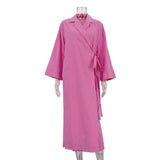 Bonnyshow  Fashion Women's Lace Up Dress Long Sleeve Loose Turn-Down Collar Solid Lady Dresses 2025 Summer Casual Female Vestidos Outwear