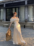 Bonnyshow  Summer Vacation Style Wave Point Set, One Shoulder Lotus Leaf Edge Shirt, Waist Cinched, Fluffy Skirt For Women