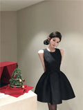 Bonnyshow  French Elegant Bow Sweet Slimming Sleeveless Black Birthday Dress for Women Summer Waist Cinched A-line Mini Dress for Women