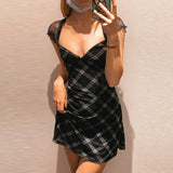 Bonnyshow Y2K Fairy Vintage Plaid Mini Dress Elegant Lady Square Collar A-line Derss Women E-girl Aesthetics Harajuku Grunge Streetwear