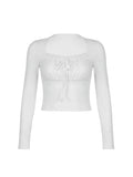 Bonnyshow Ruched Tie Lace Trim Square Collar Slim Long Sleeve White Y2K T Shirt Women Cute Japanese Kawaii Clothing