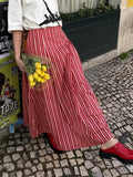 Bonnyshow  SummerRed Striped Long Skirt Women Zipper High Waist Loose Simple Midi Skirts Streetwear Fashion Casual A-line Faldas 2025 New