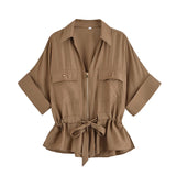 Bonnyshow  Women Adjustable Drawstring Waist Safari Shirt Short Sleeve Lapel Collar With   Pockets Loose Blouse Streetwear Lady Shirts