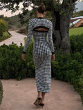 Bonnyshow Gingham Print Shawls Strapless Long Dress Women Color Block Two-piece Set Slim Maxi Dress Autumn/Winter Hottie Streetwear