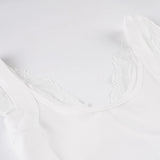 Bonnyshow  Fashion Trendy Solid Simple Causal Women T-Shirts Short Sleeves Slim Fit Lace Spliced Sweet All-Match Blouses