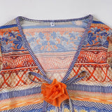Bonnyshow  All-print Mesh Cropped Top Autumn Vintage Applique Tie-up V-neck T-shirt Long Sleeve Boho Aesthetic Streetwear Sexy