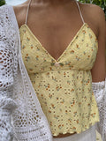 Bonnyshow  Y2K Backless Strappy Tie-up Halter Camis Floral V Neck Bustier Crop Tops Fairy Coquette Ruffle Trim Sleeveless Vest