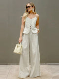 Bonnyshow  Women Spaghetti strap Floor-length Suits Single Breasted Bandage Waist Backless Loose Long Pants Sets 2025 Spring Fashion New
