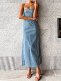 Bonnyshow  Side Slit Denim Bodycon Dress For Women Slim Sleeveless Maxi Dresses Women's Street Sexy Streetwear Woman Autumn  New