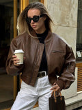 Bonnyshow Short Leather Women's Jacket Casual Vintage Round Neck Women Coat Loose Long Sleeve Women Jackets New Fashion Female Coats