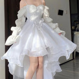 Bonnyshow Spring Elegant White Off Shoulder Fairy Dress Chic Princess Puff Dress Mesh Puff Dress Wedding Party Porm Dress