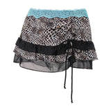Bonnyshow  Summer Vintage Leopard Print Ruffles Low Waist Mini Skirt Women Lace Skirts Aesthetic Elegant Fashion Lady Party Streetwear