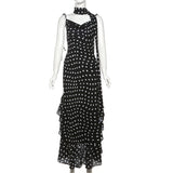 Vevesc Women's Autumn and Winter Temperament Backless Scarf Collar Polka Dot Suspender Long Skirt Elegant Sexy Party Dress Club