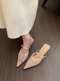 Bonnyshow  Fashion Crystal Mesh Pointed Toe Rhinestone High Heels Mules Sandals Women Pumps Shoes Buckle Strap Sexy Stilettos Mujer
