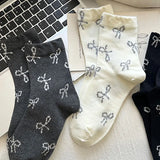 Bonnyshow 3 Pairs Y2K Bow Socks for Girls Kawaii Cotton Middle Tube Socks Spring Summer Korean Solid Color Print Lolita Socks