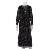 Bonnyshow  High Waist Floral Long Dress For Women Ruffled Splice Laple Long Sleeve Party Vacation Clothes Lady Retro Elegant Dress
