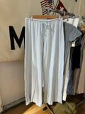 Bonnyshow  Blue Striped Drawstring Straight Long Pants Women Casual Cotton Soft High Waist Trousers Simple Sweet Vintage Home Pajama Pants