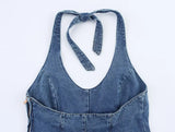 Bonnyshow  Sexy Backless Halter Denim Jumpsuit Women High Street Summer Romper Short Playsuit