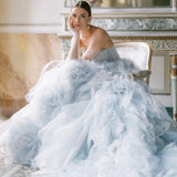 Bonnyshow Dreamlike Light Blue Bloom Wedding Dresses With Delicate Handmade Flower Ruffles Long Colored Bridal Dress Lace Up Back