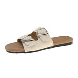Bonnyshow  Belt Buckle Slippers Women's Fashion Round Head Open Toe Metal Buckle Soft Soled Non-slip Wear-resistant Flat Shoes